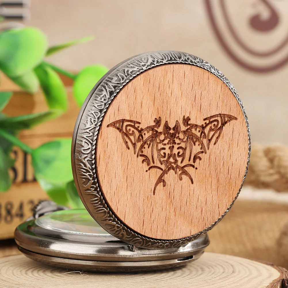 

Bat Paster Pocket Watch Gun Black Beech Wood Paster Pendant Necklace Watch with Chain Creative Exquisite Gifts for Man Women