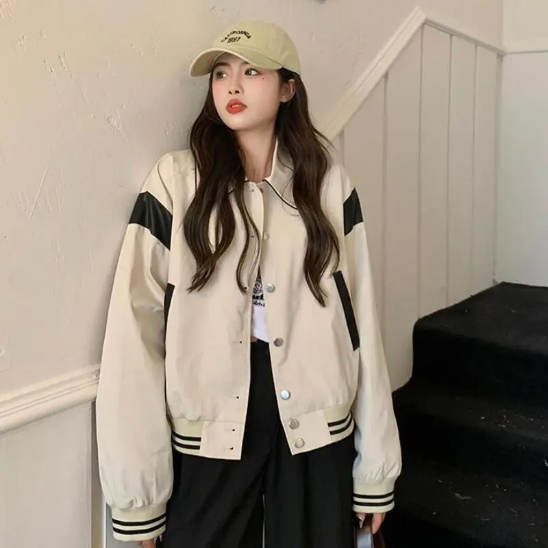 

Turn Down Collar American Bomber Jackets For Women 2023 Spring Baseball Basic Jaket Techwear Cardigan For Women Coat Boyfriend