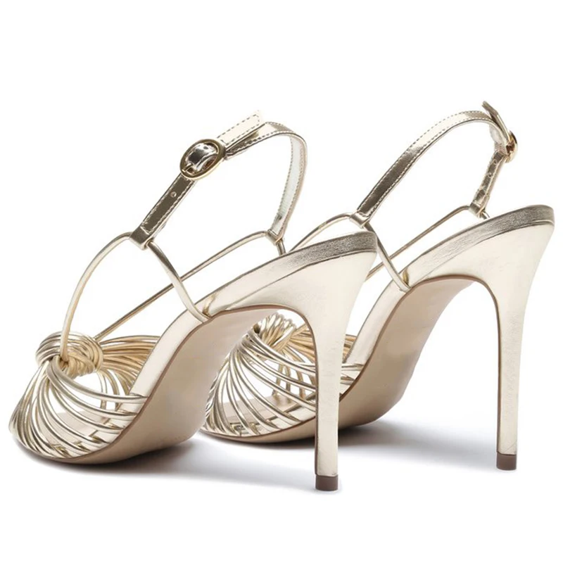 2022 Women's Pointed Toe Knotted Sandals Gold Summer Shoes Ladies Plus Size Party High Heels Slingbacks Stilettos Heeled Sandals