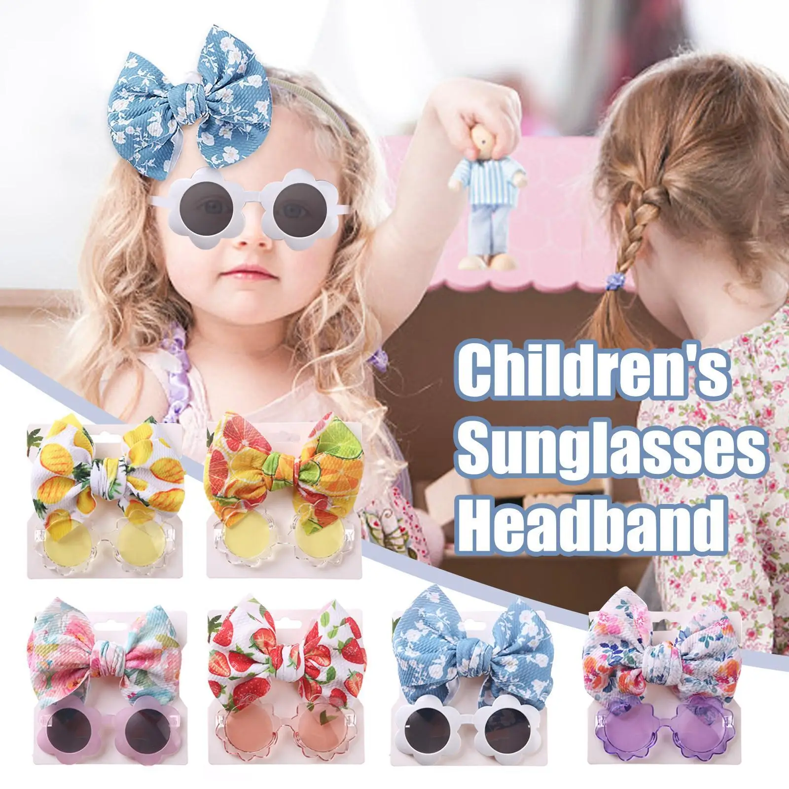 

Flower Sunglasses Fruit Print Bullet Nylon Hair Band Headband Baby Boy Girl Seaside Mental Eyeglasses Kids Accessories 2Pcs/Set