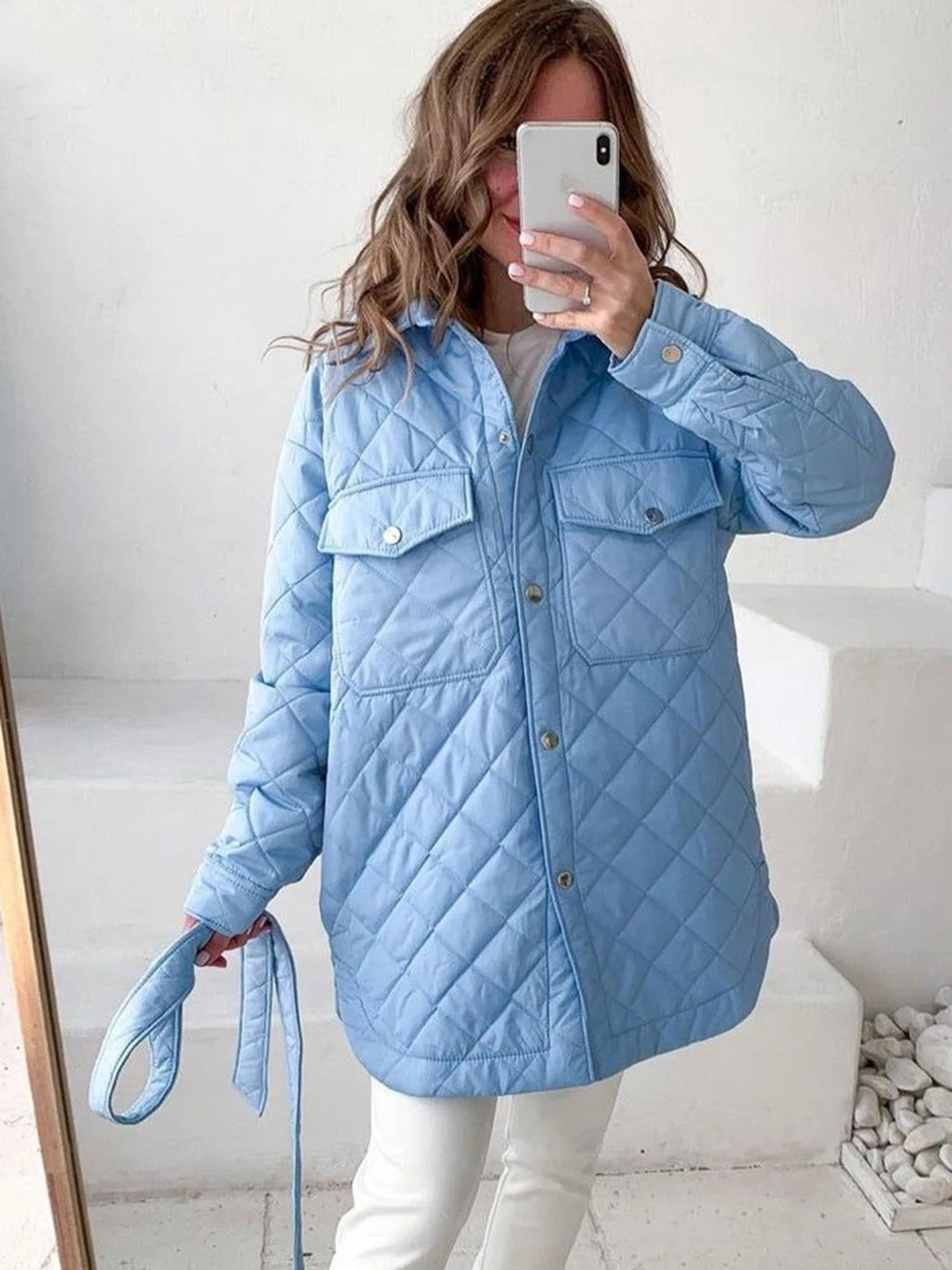 

Loose Warm Jacket Parkas Autumn Winter Women's Casual Lattice Quilted Single Breasted Belted Padded Coat Female Clothing 2022
