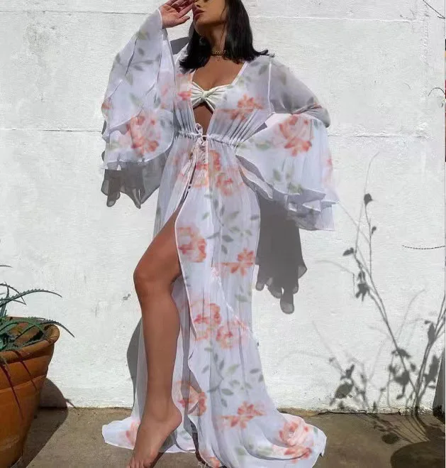 

Женское длинное пляжное платье, элегантное свободное ажурное платье с цветочным принтом и рукавом-бабочкой, лето 2022