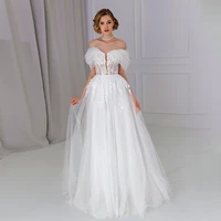 elegant a line applique wedding dress floor length tulle illusion off the shoulder simple wedding gown women vestido de novia