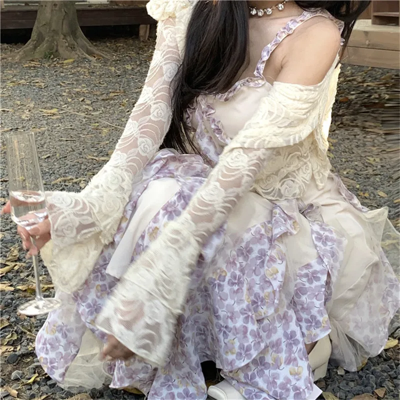 

Retro French Floral Print Tank Dress 2 Piece Ruffled Sexy Long Irregular Dress&Long Sleeve Sun Thin Shirt Summer Holiday Dress