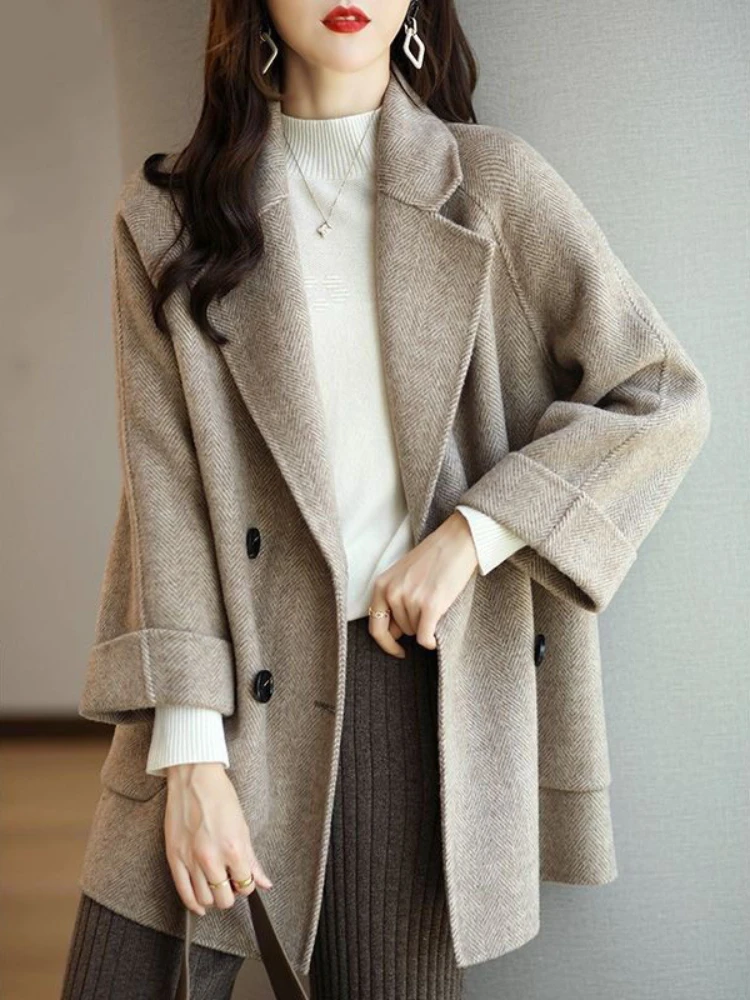 

Женское зимнее пальто, модное пальто из смешанной шерсти, женское элегантное однотонное плотное пальто, двубортные Длинные куртки для женщин 2023