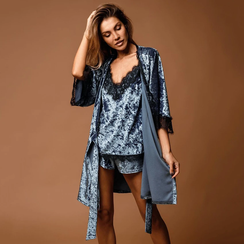 

Patchwork Robes Sets 3 Nightgown Lace Robe Woman Set Pajama Nightwear Knitting Home Women Bathrobe Sleepwear Velvet Hiloc Pieces