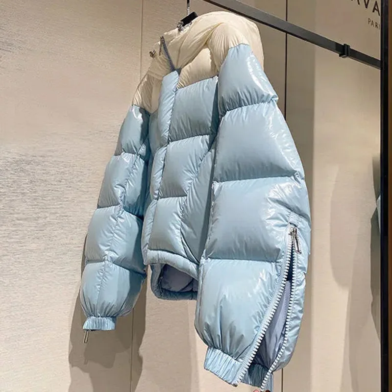 Bright Face High-End Down Jacket Women Winter 2022 New Collage Short Hooded Thickened 90 White Duck Down Fashion Coat Female