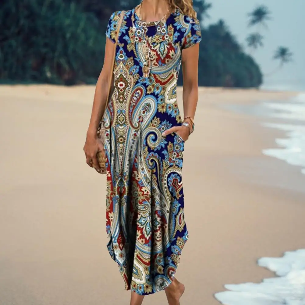 

Comfortable Stylish Women Floral Print Vintage Party Dress Loose Hem Long Dress Mid-Rise for Vacation