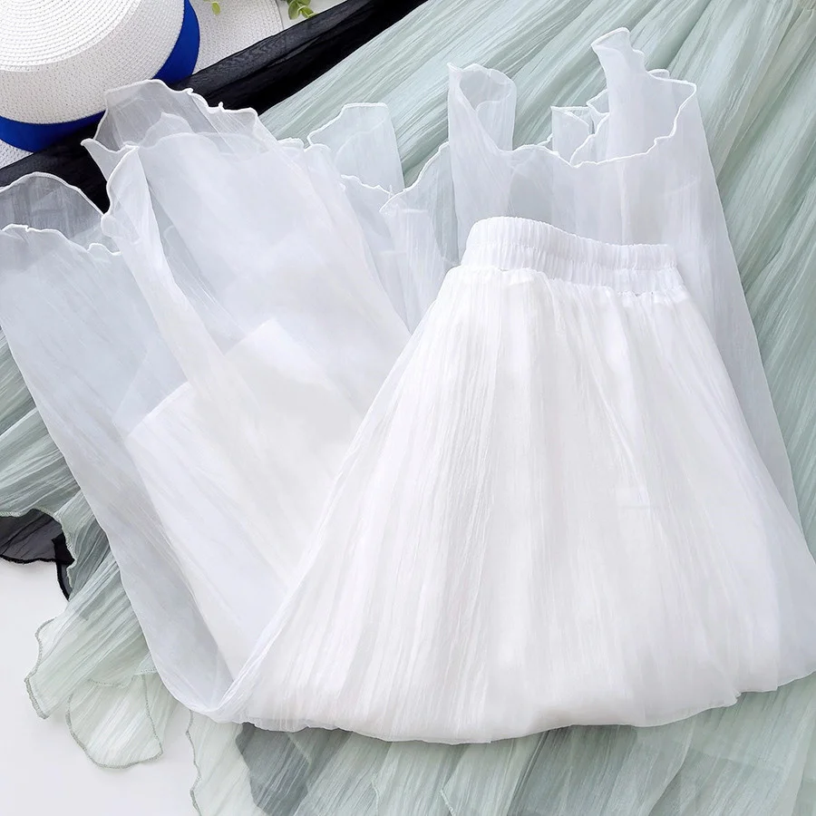 

2022 Women Summer A-Line Mesh Skirt White Color High Waist Women Elegant Boho Long Skirt Femme Faldas Jupe Saia
