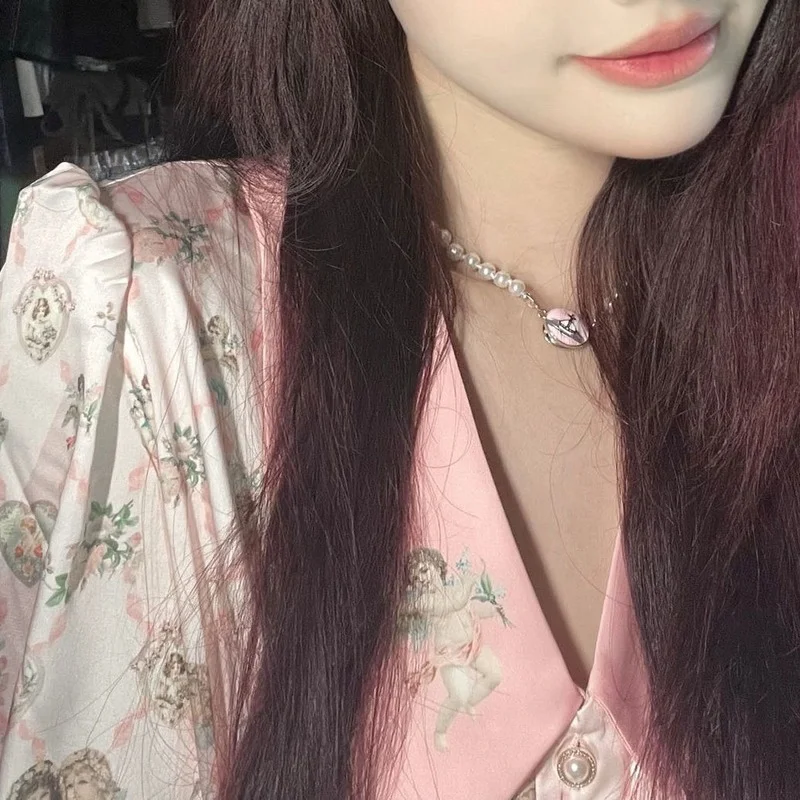 QWEEK Sweet Heart Trouser Suits Angel Print Women's Pajamas Satin Cardigan Designer Clothes Luxury Sleepwear Summer Loungewear