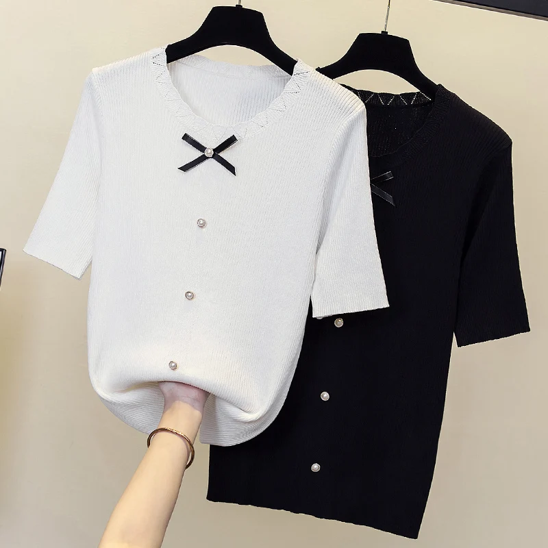 

4XL size women knitting solid t-shirt top 2022 summer short sleeve v neck bow button loose casual oversized sweater pull