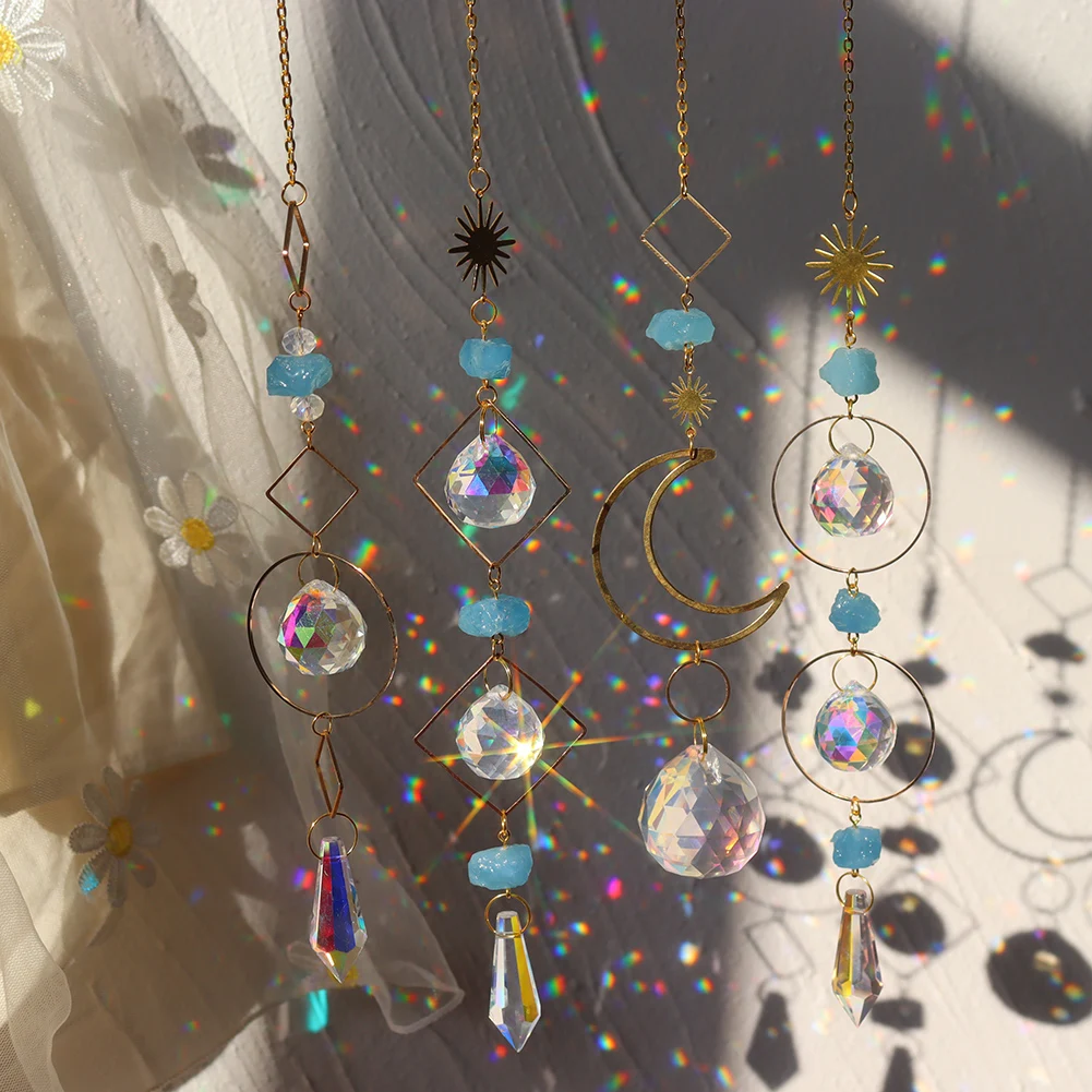 

Crystal Ornaments Metal Sun Moon Window Craft Outdoor Garden Colorful Beads Hanging Pendant Craft for Home Bedroom Decor Gifts