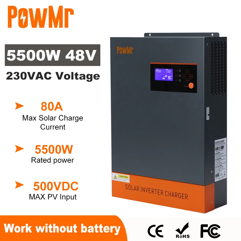 Гибридный солнечный инвертор PowMr 5 кВт 48 В 220 В фотоэлектрический инвертор 5500 Вт с зарядным устройством MPPT 80A работает без поддержки батареи параллельно