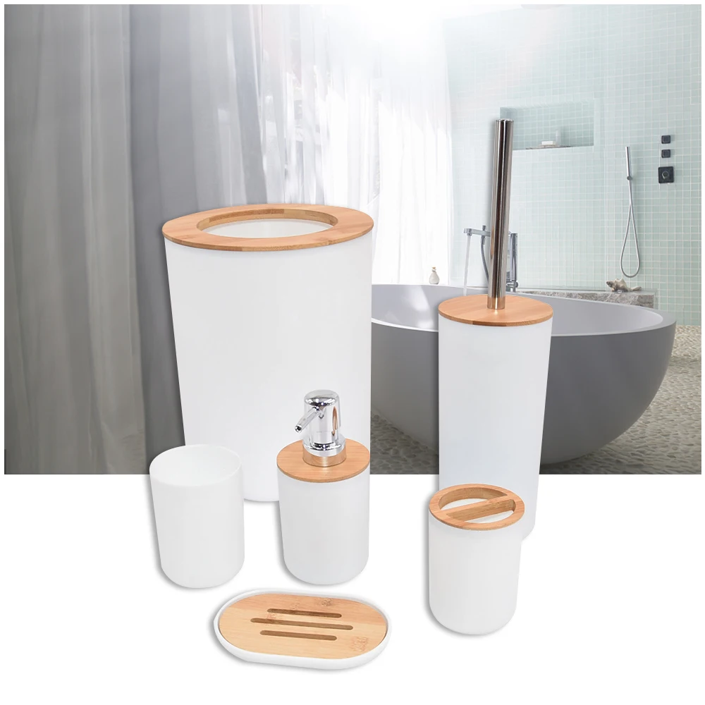 

Toothbrush Cup Holder Soap Dispenser Box Bamboo Plastic Bathroom Storage Set Trash Can Toilet Brush 6Pcs/Set Lotion bottle