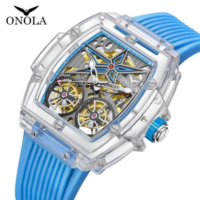

New Design Watch For Men Luxury Band ONOLA Plastic Transparent Hollow Full Automatic Waterproof Mechanical Reloj Hombre