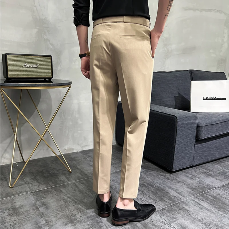 British Style Summer Men Dress Suit Pant High Quality Belt Telescopic Slim Fit Trousers Business Office Men Casual Social Pants images - 6