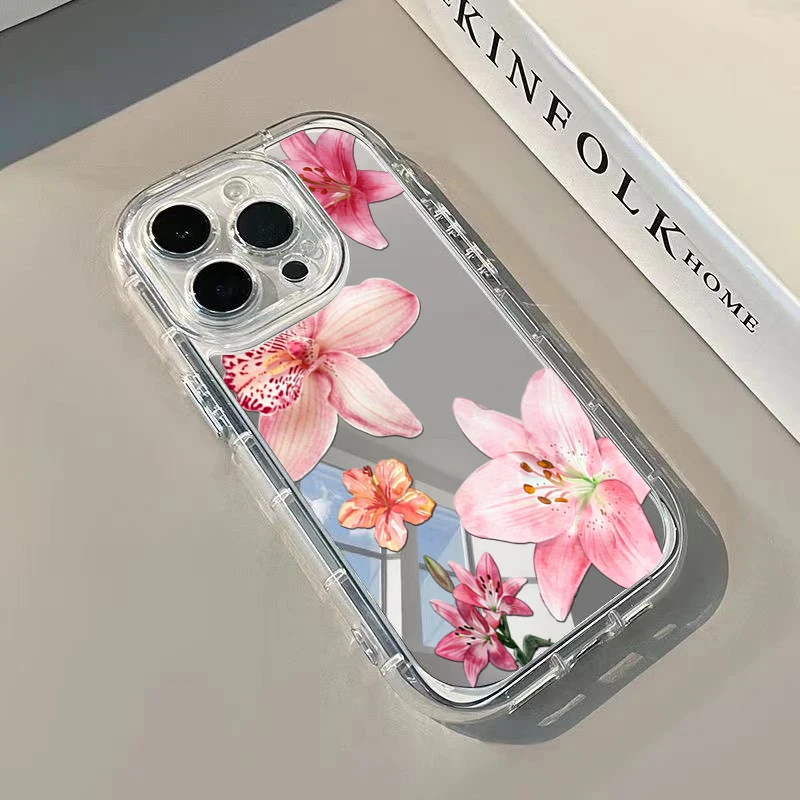 Фото Чехол для телефона с зеркалом и розовыми цветами гибискуса для iPhone 11 12 13 14 15 16 17 Pro Max 7 8 Plus XR X XS 16E 17E, противоударная задняя крышка №4