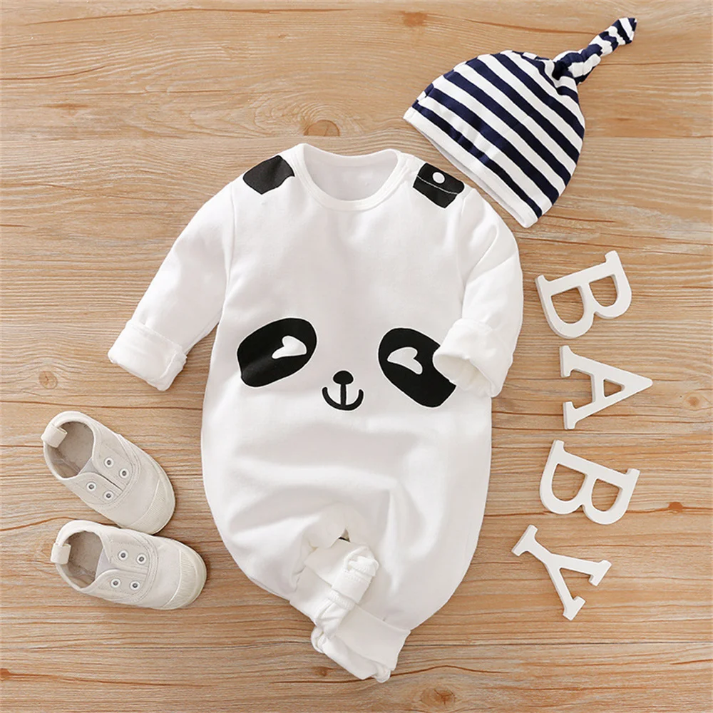 

Panda Cow Baby Long Sleeve Onesie Hat Two-piece Suit Children's Clothing Baby Girl Clothes Overalls and Overalls Bodysuit Boy