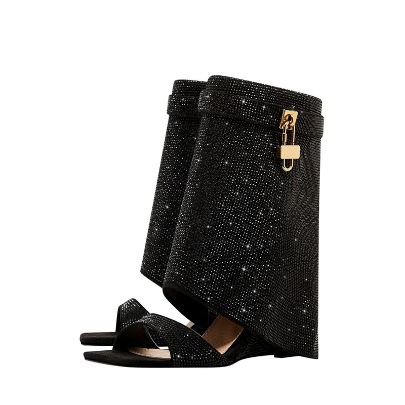 

Women Rhinestone Metal Shark Lock Shark Boots Square Open Toe Wegde Heel Boots Sandals Twinkling Fold Over Botas Ladies Shoes