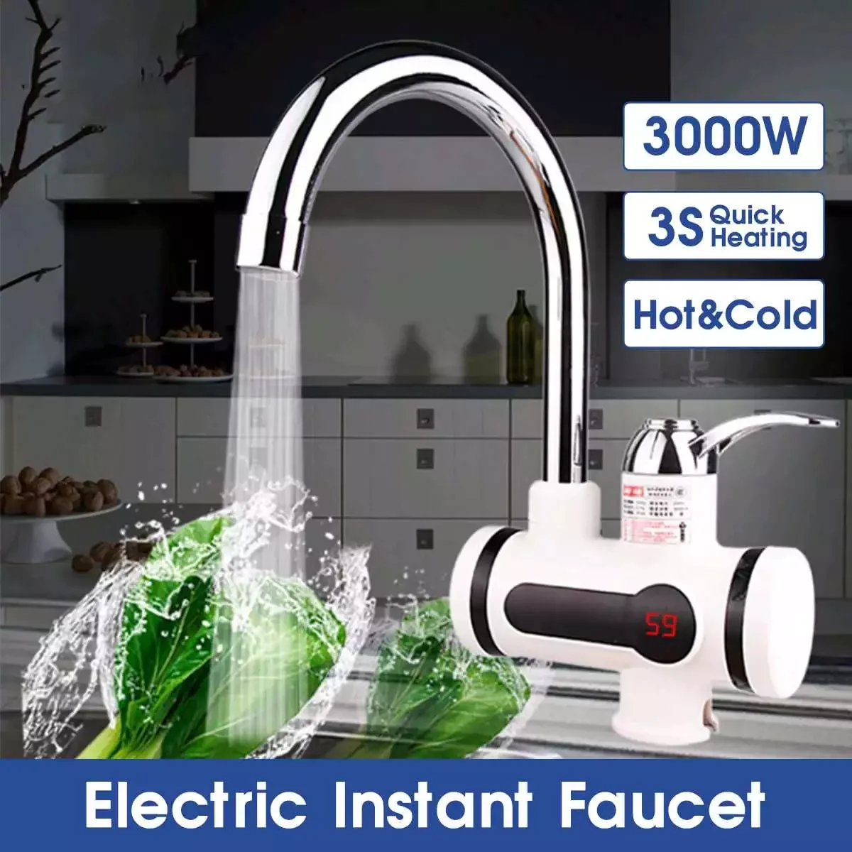 

3000W Temperature Display Instant Hot Water Tap Tankless Electric Faucet Kitchen Instant Hot Faucet Water Heater Water Heating