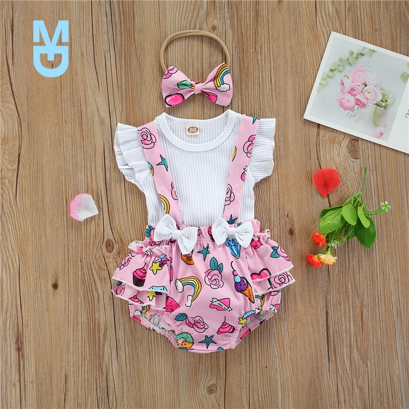 

New 3Pcs 0-18Months born Baby Girls Summer Cotton Clothes Sets,Fly Sleeve Rib Knit Tops+Bow Suspender Skirt Set for Baby Girls