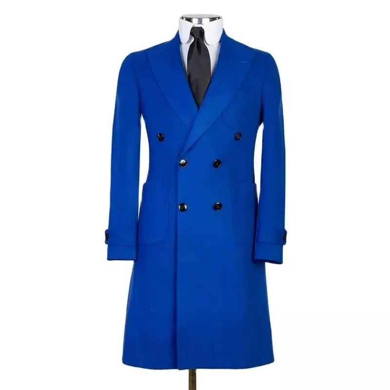 

Синее шерстяное пальто, мужской костюм, цельное пальто по индивидуальному заказу, двубортное теплое зимнее деловое, свадебное, индивидуальное, для жениха, выпускного вечера