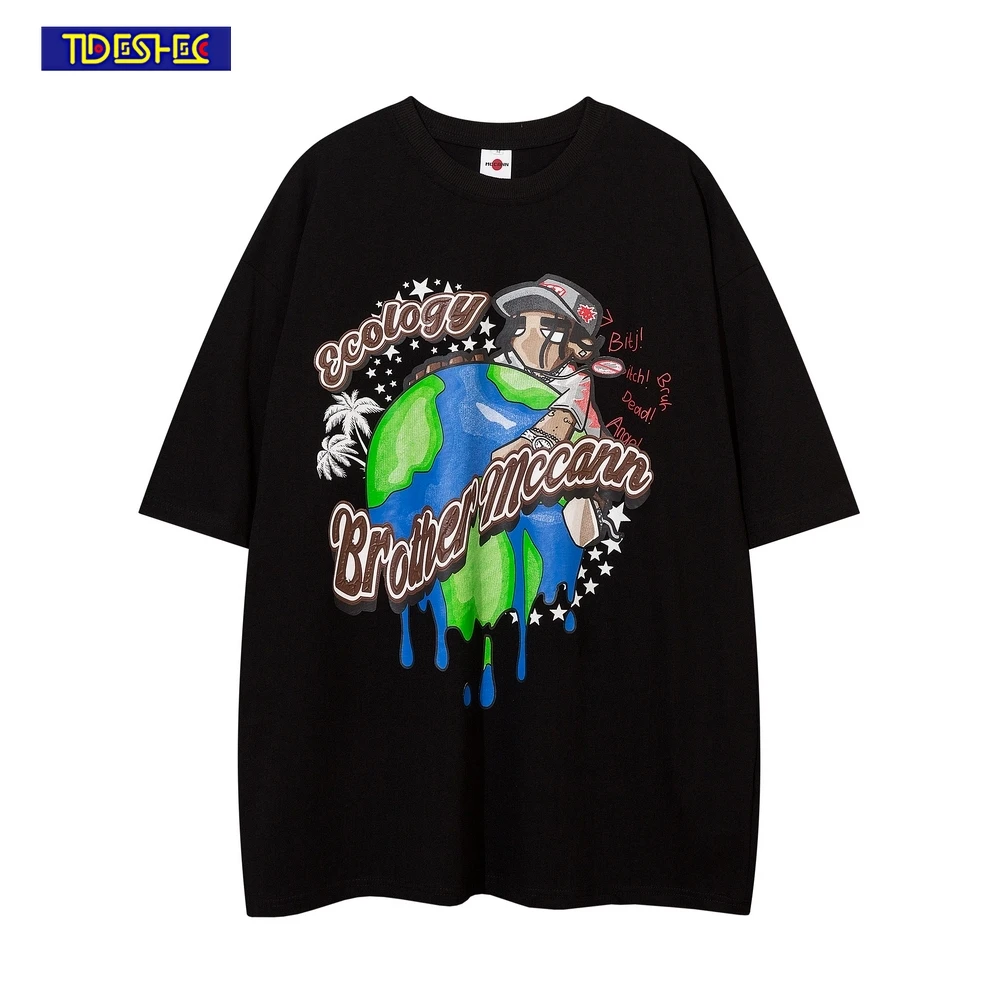 

Футболка мужская хлопковая с коротким рукавом, уличная одежда в стиле хип-хоп, Топ в стиле Харадзюку, с мультяшным принтом земля, черная бела...