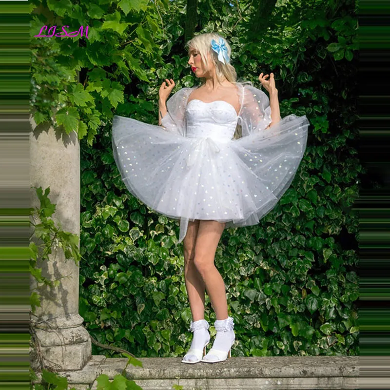 

Mini Puff Prom Dress with Foiled Hearts Soft Ivory Tulle Short Party Dresses Sweetheart Short Sleeves Prom Party Gowns 2023
