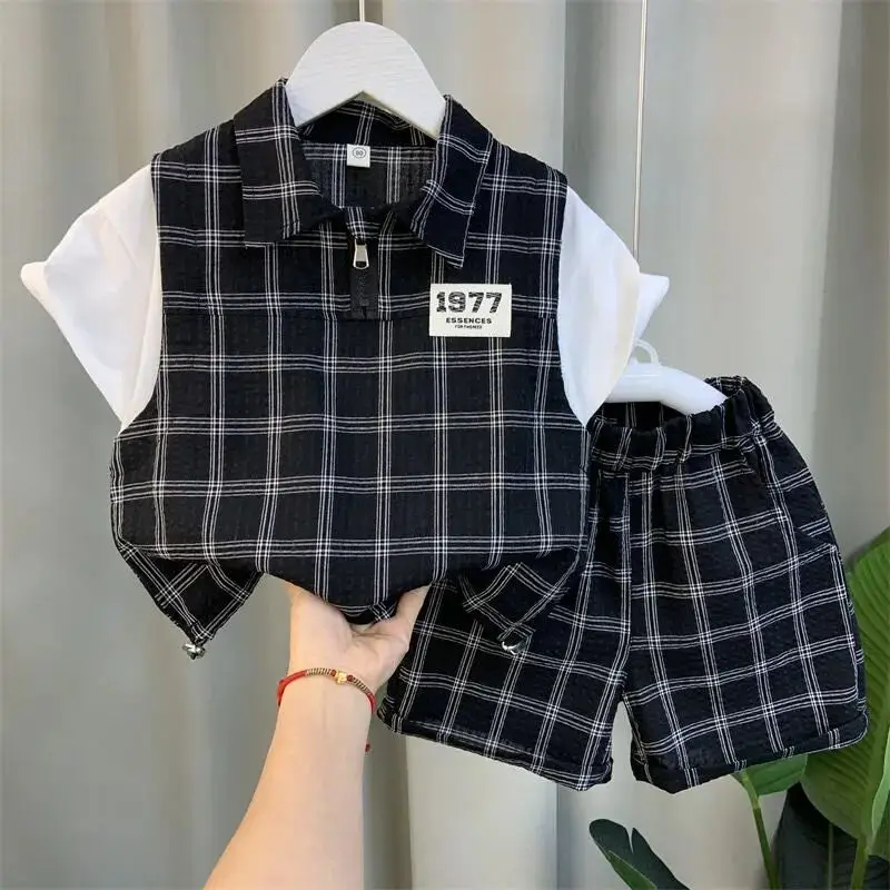 

Kids Boys Summer Suit New Fashionable Baby Cool Checker T-shirt Clothes Set Children's Short Sleeve Shorts Two Piece Set