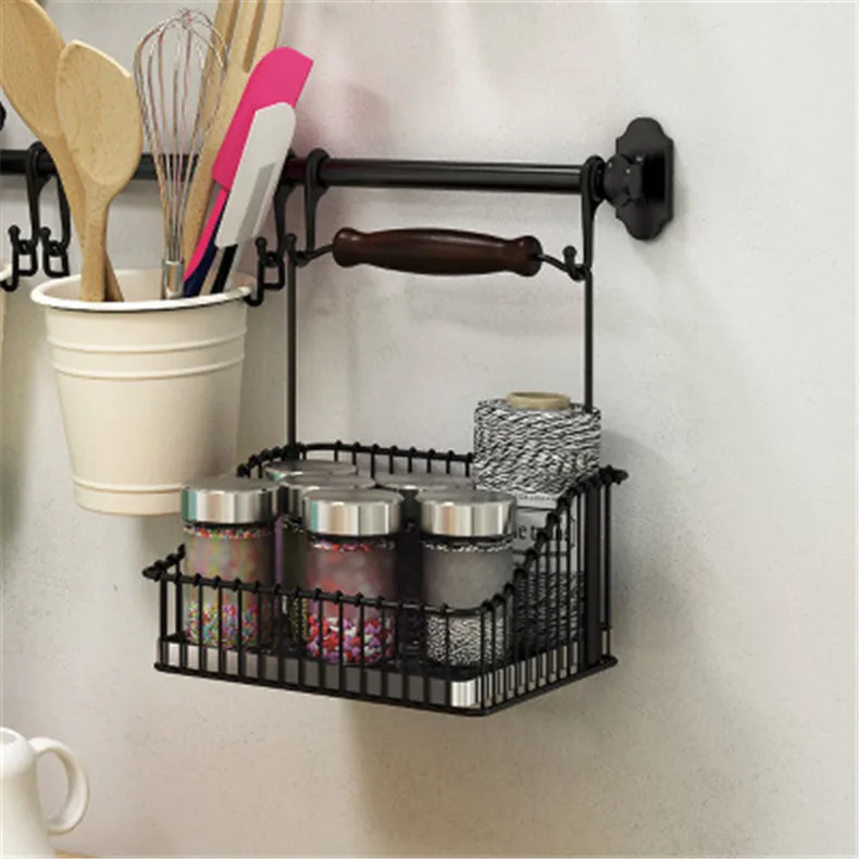 

Kitchen Steel Storage Basket Shelf Rack With Handle Black For Spices Herbs Vinegar Handler Accessories Storage Roof Rails