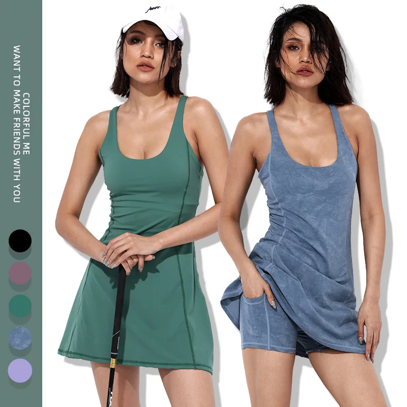 

Women's sportswear lulu nude yoga clothes women's tennis pants two-piece anti-lighting belt chest pad badminton fitness sports d