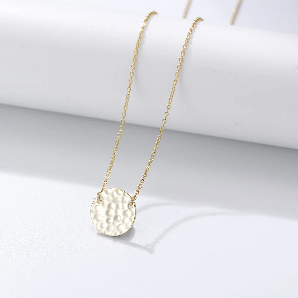 

Simple convex round necklace S925 sterling silver vintage Hammer printed coin clavicle chain
