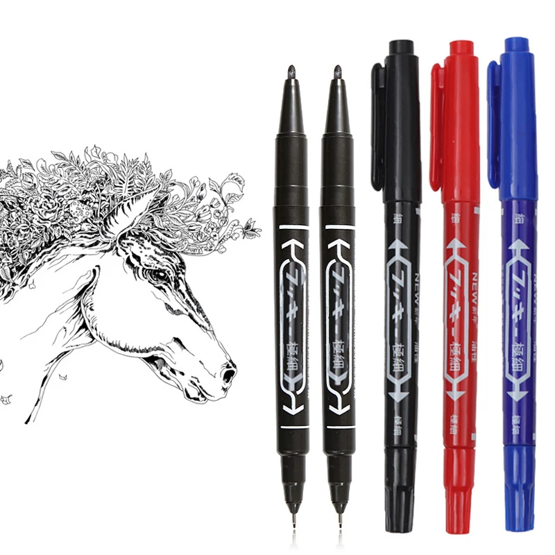Haile High quality Waterproof permanent Dual Tip Fine 0.5/1.0mm Nib Black/Blue/Red Art Marker Pens Student School Office Suppli