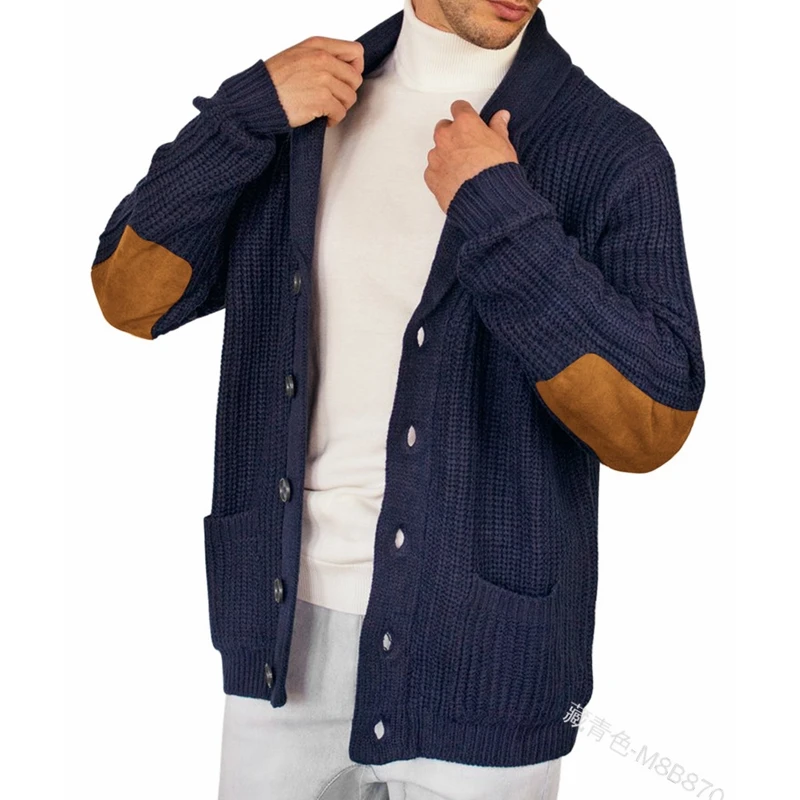 Autumn Winter Knitted Sweater Men Pocket Stitching Single-Breasted Sweater Men Long Sleeve Loose Cardigan Turn-down Collar Coat