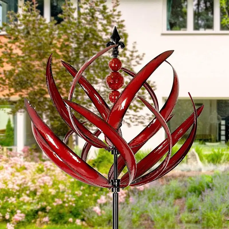 

360 Degree Rotatable Wind Garden Spinners Metal UV Resistant Lotus Stakes Outdoor Red Yard Art for Lawns Patio Display Windmill