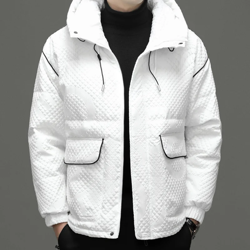 

High Quality Winter Mens Down Coat Cargo Style Breast Pockets Formal with Hooded Jackets Solid Color Thick Winter Keep Warm Coat