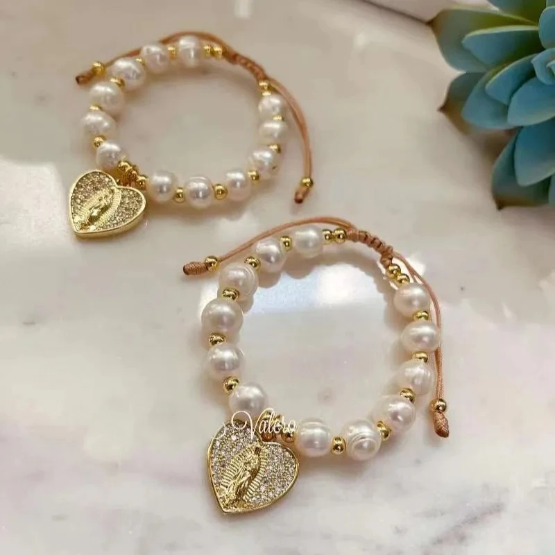 

5Pcs Fashion Freshwater Pearl Beaded Heart Bracelet Religious Women Jewelry Virgin Mary Bracelets Charm For Party Gift