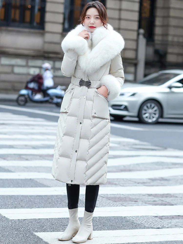 New Women Real Fur Down Coat Winter Double Fox Fur Collar Wash Free Glossy Surface Thicken Warm Belt Slim Long Down Jacket