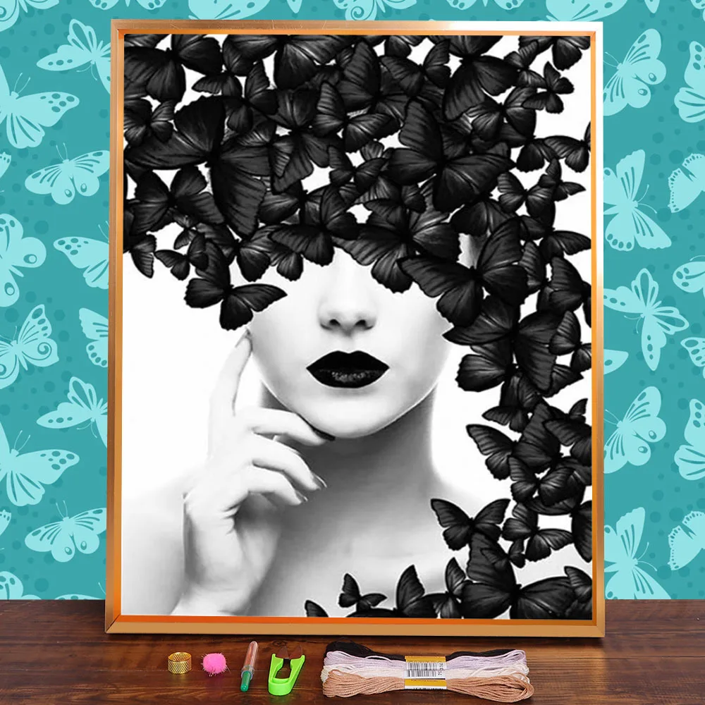 Бабочка женская черная предварительно напечатанная 11CT Вышивка крестом своими