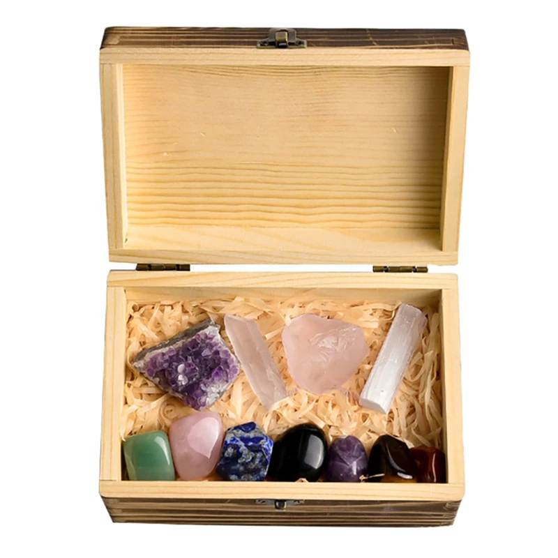 

Premium Grade and Healing Stones in Wooden Display Box - 7 Tumbled Chakra Gemstones Amethyst Crystal Obsidian Gift Kit
