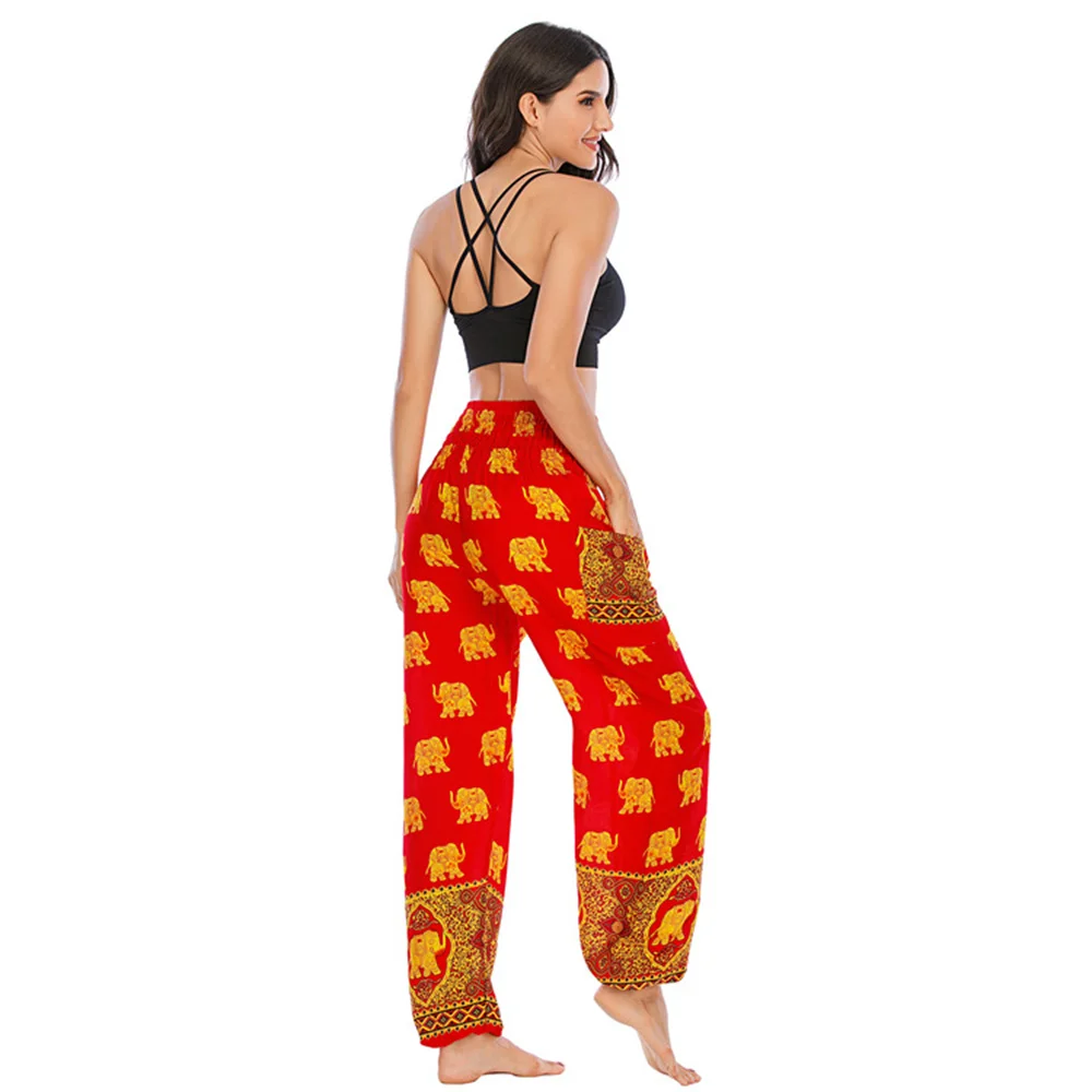 Thailand Elephant Bohemia Printed Yoga Sports Pants Elastic High Waist Lantern Trousers National Loose Casual Slacks