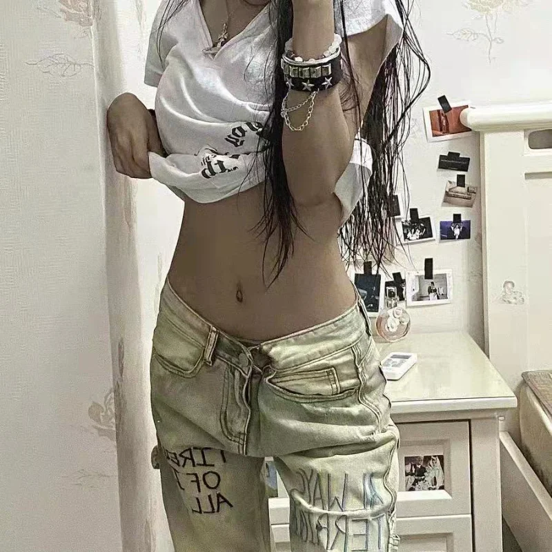 Джинсы WeiYao Y2K женские прямые с низкой посадкой винтажные брюки из денима в стиле