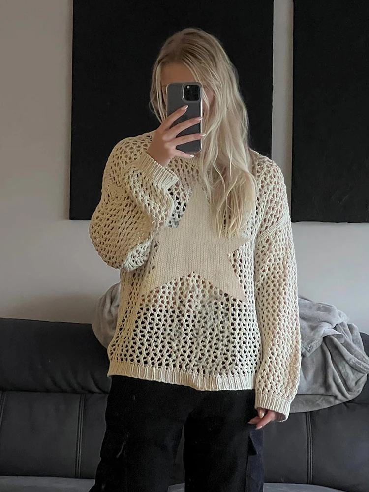 

WeiYao y2k Star Hollow Out Knitted Sweater Full Sleeve O Neck Women Prepply Jumpers Retro See Though Korean Chic Knitwear 90s