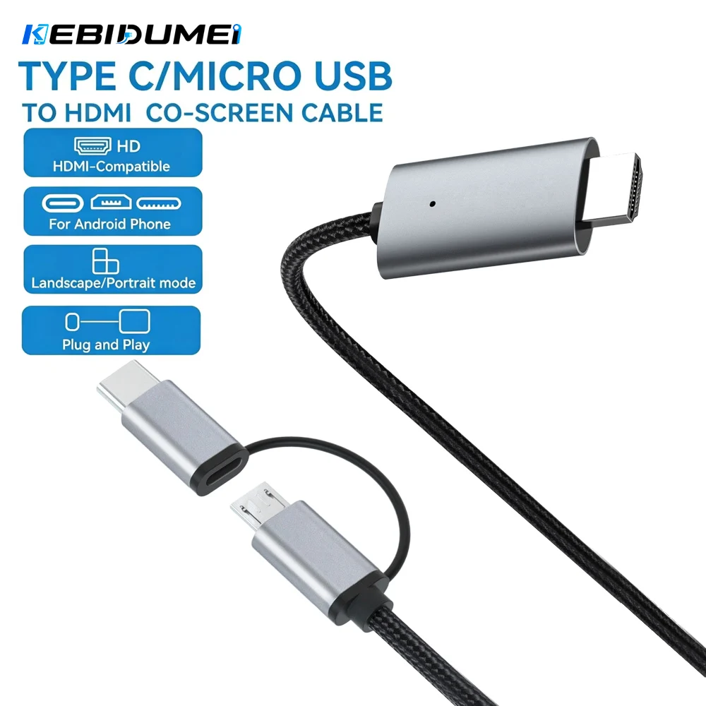 Фото Кабель KEBIDUMEI Type C/Micro USB для HDMI-совместимых устройств, HD-кабель для потоковой передачи и зеркалирования экрана, ТВ-приставка для телефона и планшета №1