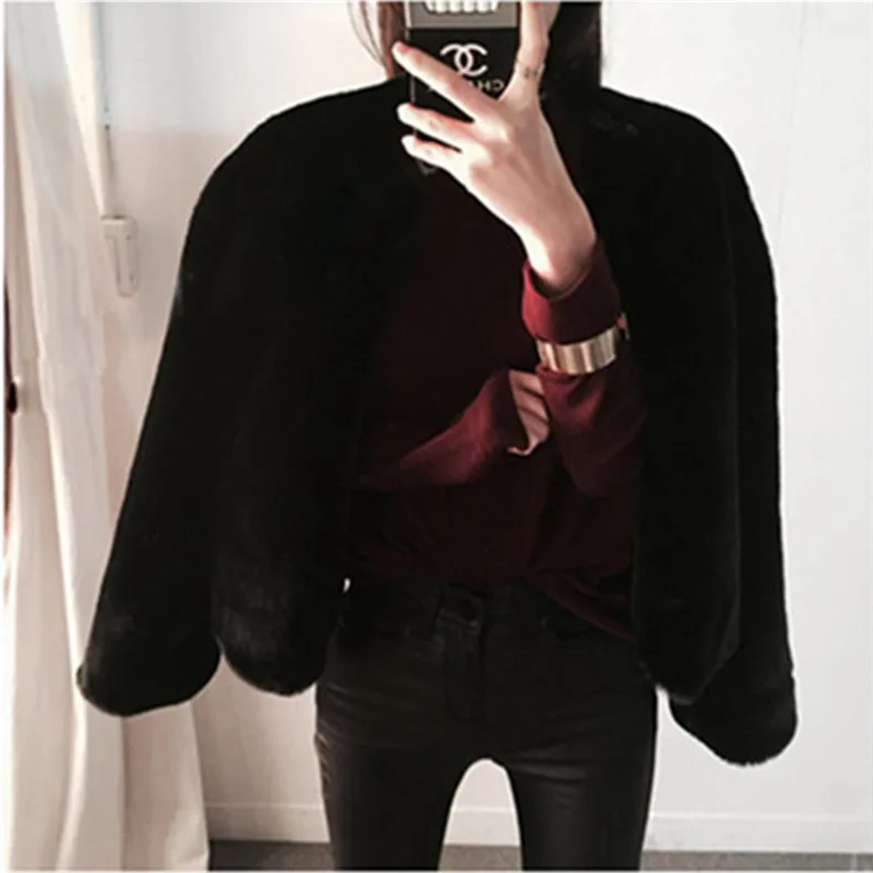Fluffy Faux Fur Winter Warm Coats Short Jackets Women Furry Fake Fur Cropped Jacket Turn Down Collar Open Front Overcoat Black