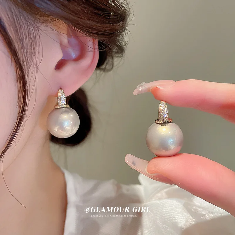 

French Trendy Light Luxury Round Pearl Hoop Earrings for Women Korean Zircon Exquisite Girls Earring Party Jewelry Gifts