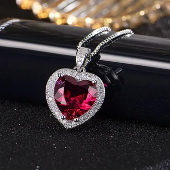 Fashion High Quality 925 Silver Elegant Romantic Heart Shaped Ruby CZ Tourmaline Pendant Necklace for Women Wedding Jewelry Gift 1