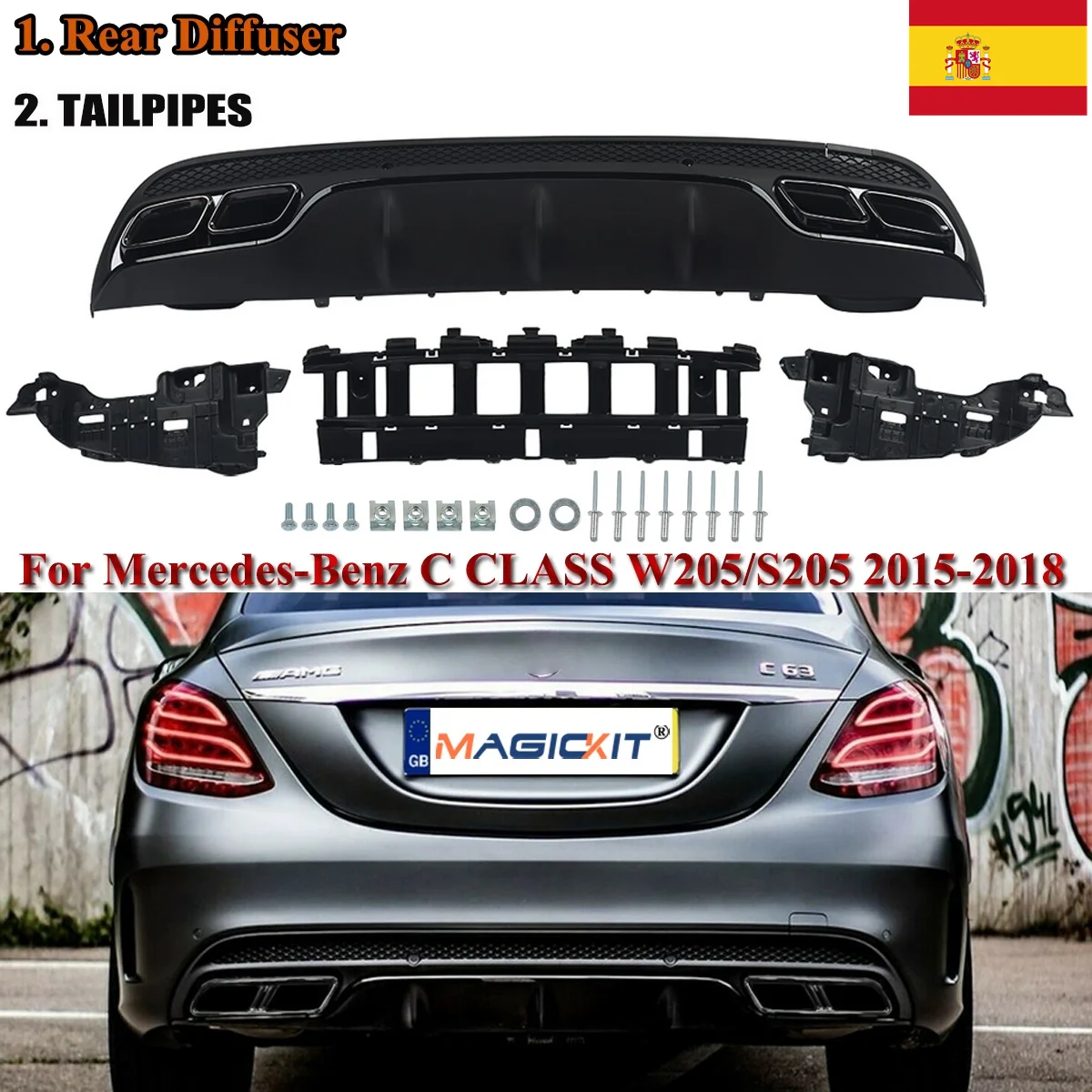 Задний диффузор MagicKit для Mercedes-Benz W205 14-20 Black Edition + выхлопные наконечники C63 Style |