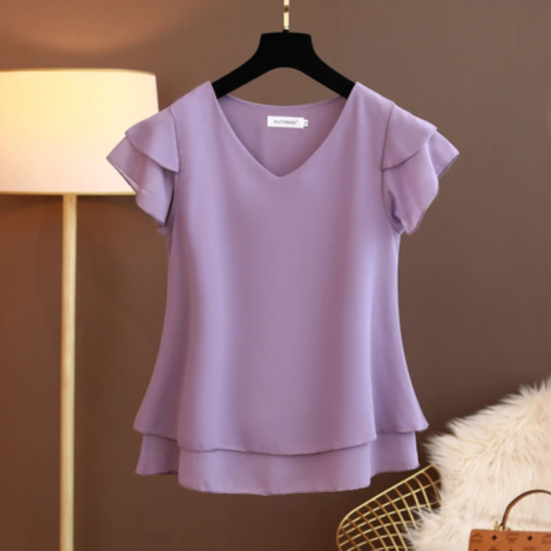 

Fashion Brand Summer Short Sleeve V-Neck Chiffon Shirt Tops Large Size Loose And Thin Women's Casual Shirts Tops Women Blouses