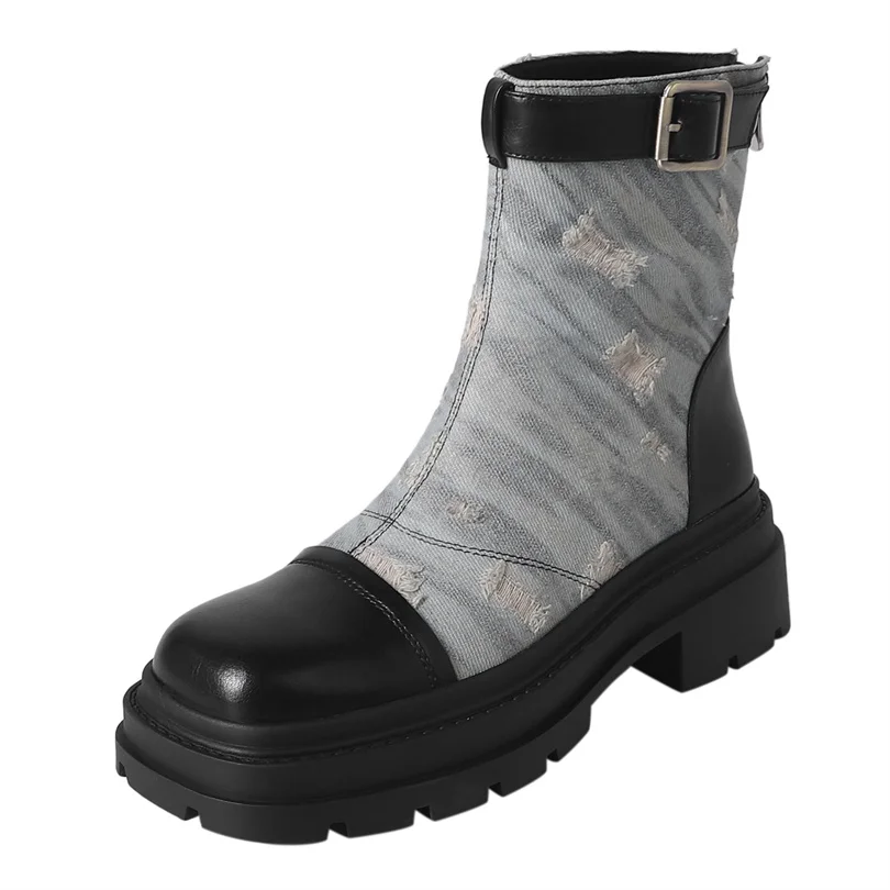

Женские джинсовые ботинки, роскошные кожаные ботильоны на платформе в уличном стиле, с пряжкой и ремешком, на высоком каблуке, Прямая поставка, 2023